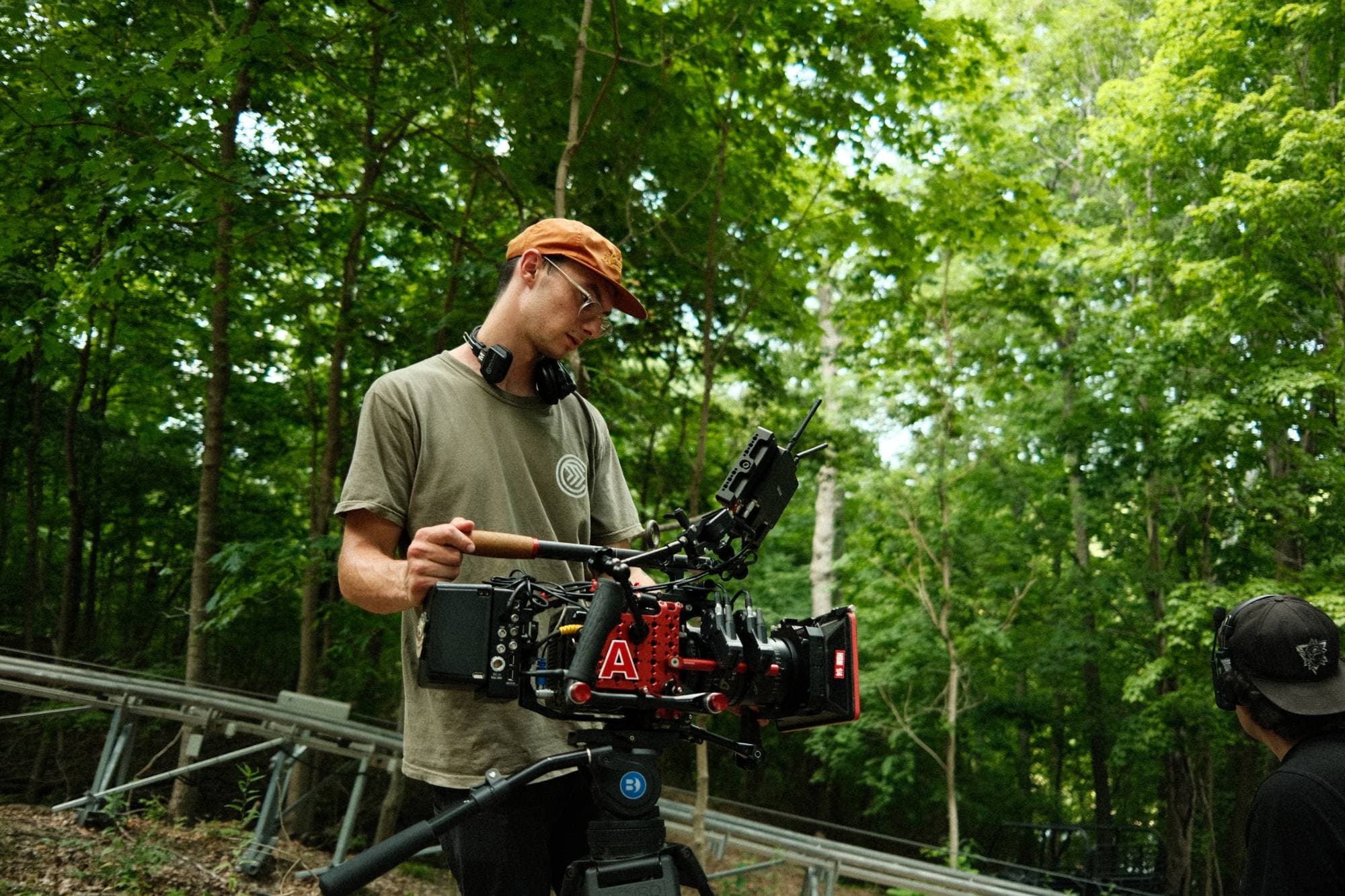 On set, A-cam in the woods